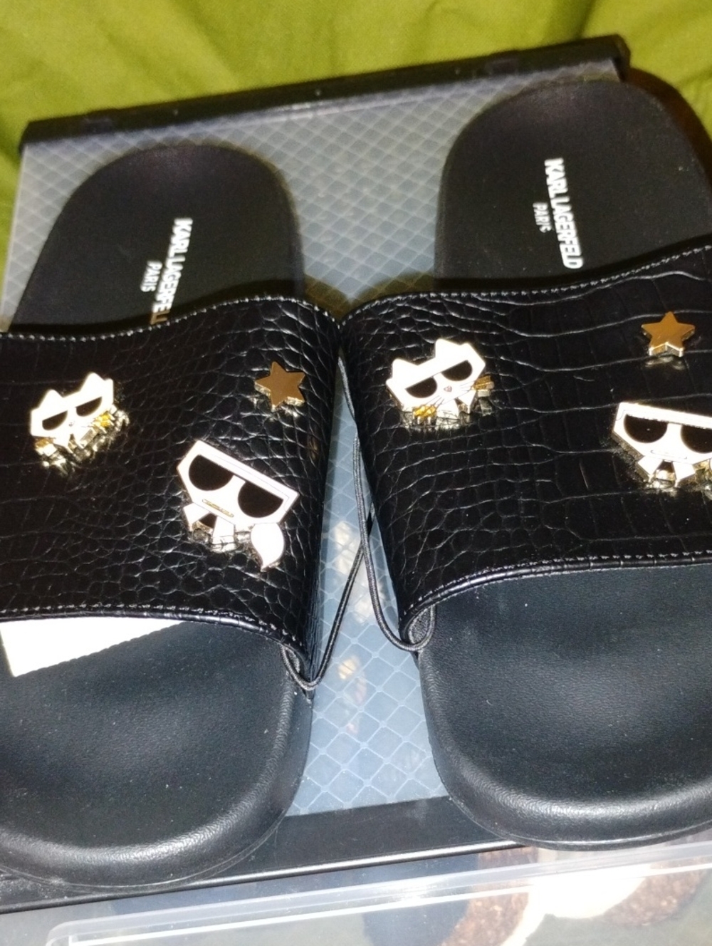 Karl Lagerfeld Women's Black Logo Slide Sandals with Gold Accents